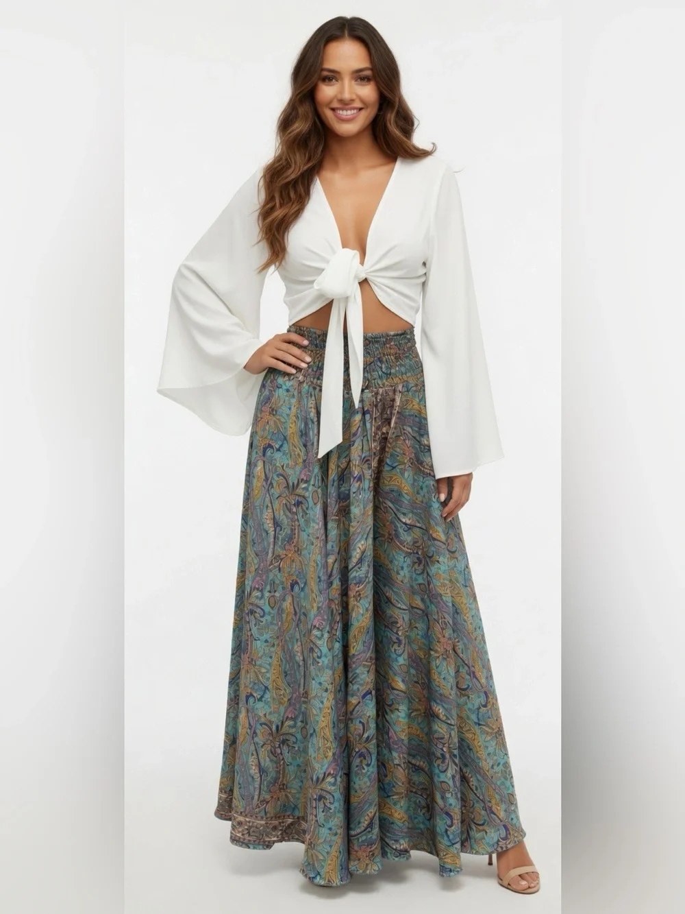 Bohemian Wide-Leg silky Paisley Palazzo Pants one size
